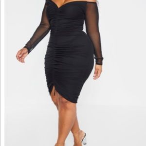 Black Mesh ruched midi dress